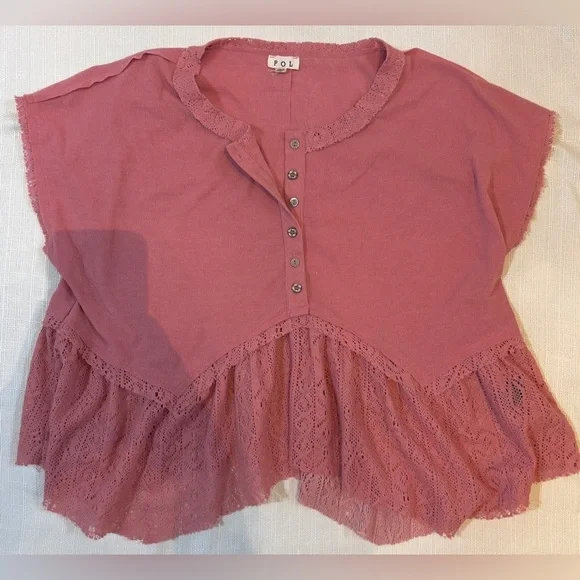 POL Pink Lace Accent Top With Lace Detail Size L - Picture 1 of 7